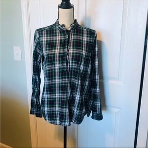LOFT Ruffled Plaid Half Button Front Shirt Womens Size XS Extra Small Blue Green